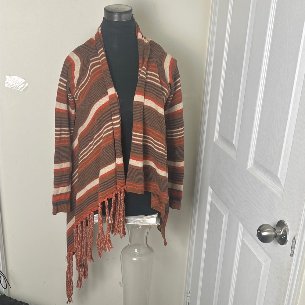 Vintage Multicolor Striped Lagenlook Cardigan with Fringe